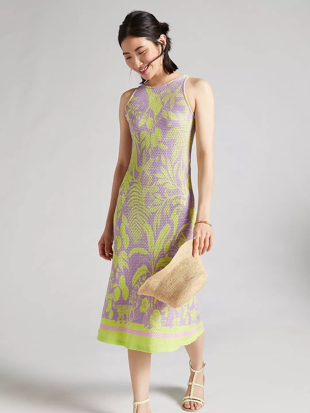 Anthropologie Farm Rio Sz M Knit Green Purple Tropical Resort Midi Dress